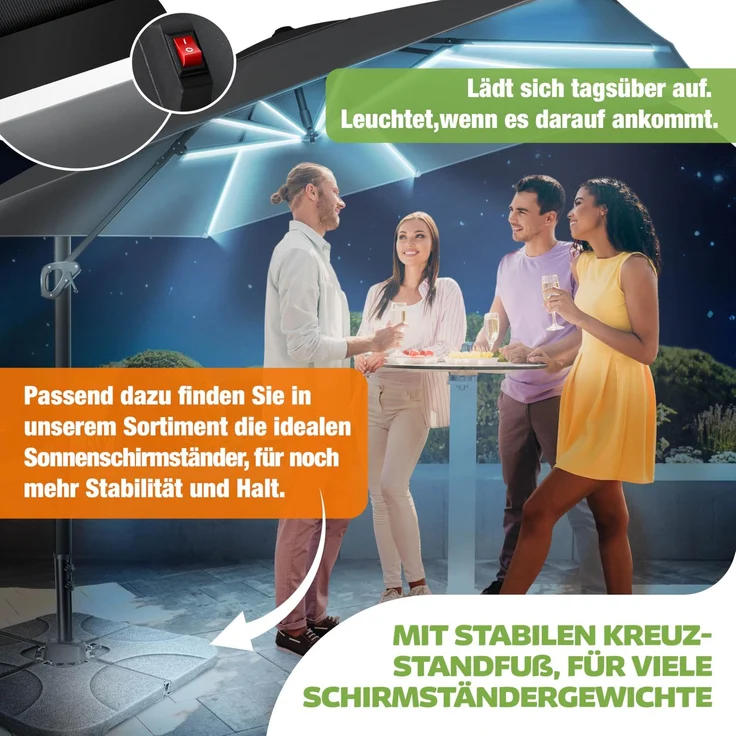 KESSER® Sonnenschirm Ampelschirm SUN XL 300 x 300 cm Inkl. Abdeckung +Windsicherung Drehbar Neigbar Kippbar Marktschirm Groß 360° Rotation, Gartenschirm mit Kurbel Sonnenschutz UV50+ Anthrazit, Mit LED – Bild 6