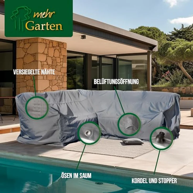 Mehr Garten Dining Ecklounge Abdeckung mit hoher Lehne, 237x237x100 cm, grau, Oxford 600D, wasserdicht, UV-beständig, wetterfest, L-Form – Bild 4