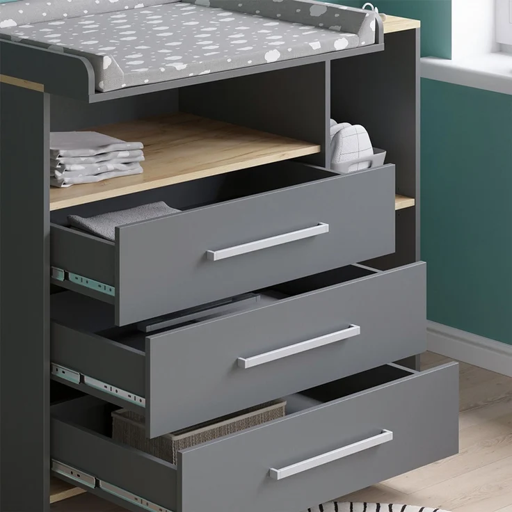 Wickelkommode Oskar Anthrazit/Goldkraft Eiche 113 x 93 cm mit 3 Schubladen Vicco – Bild 4