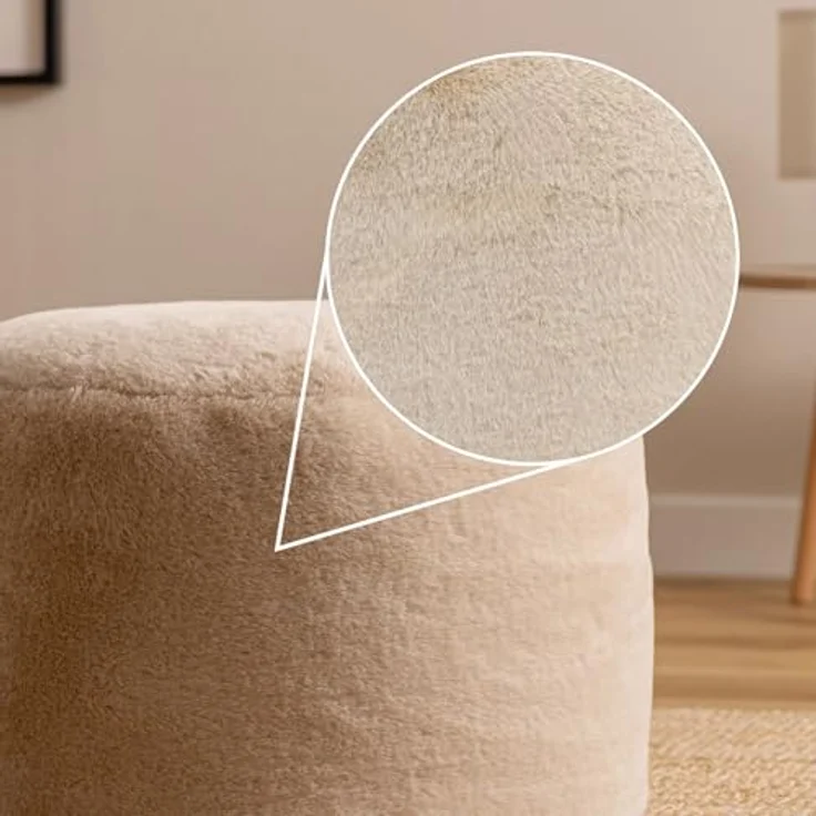 Icon Milano Hocker, Beige, Kaninchen Kunstfell Stoff, Sitzsack Stuhl, Sitzpuff Hocker mit Füllung, Fußhocker für das Wohnzimmer, Deko Wohnzimmer – Bild 5