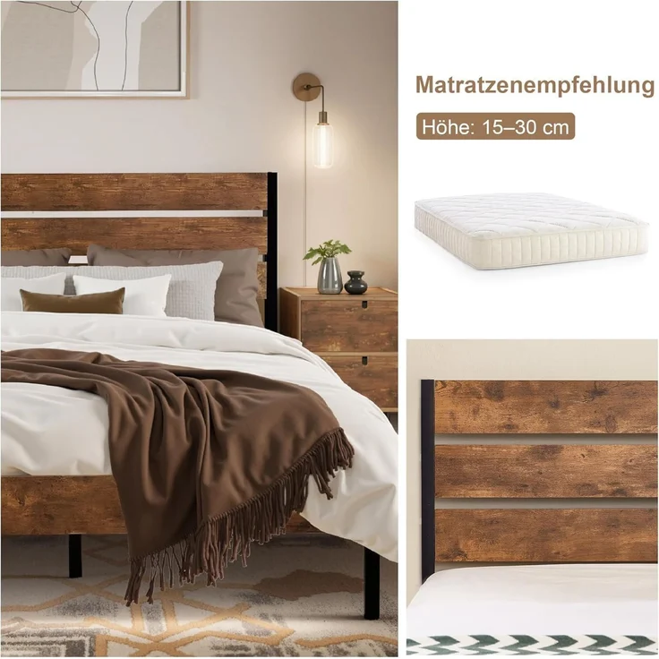 VECELO Bettgestell 140x200 cm, Doppelbett mit Holzkopfteil und stabilem Metalllattenrost, 320 kg Tragkraft, 31 cm Stauraum, Einfache Montage, Industrie-Stil, Braun – Bild 5