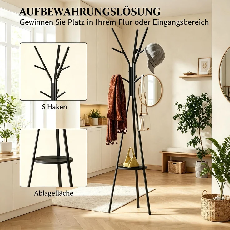 Garderobenständer 45 x 45 x 180 cm aus Metall und MDF mit 9 Haken und Ablage – Bild 7