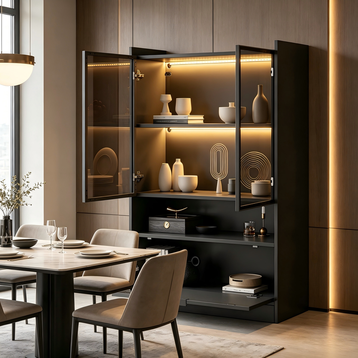 N625P250568569S) Moderne LED Vitrine Schwarz Matt Höhe 120cm mit app LED-Beleuchtung, Glasvitrine Standvitrine mit Beleuchtung, Wohnzimmerschrank mit Glastüren und Klapptür, Spanplatte Display Schrank--Schwarz--80x35x120cm--YOUDENOVA – Bild 7