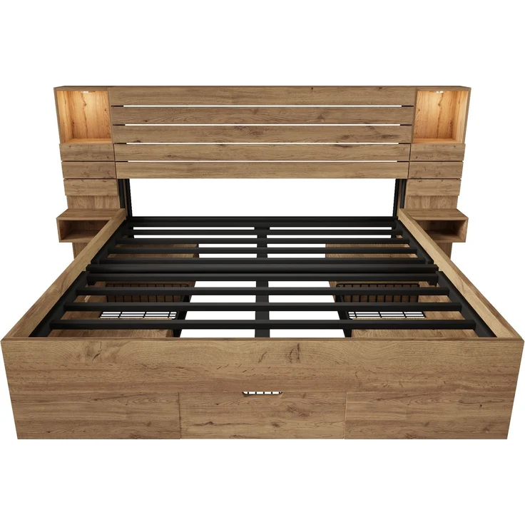 Holzbett 180x200 cm, Doppelbett und Erwachsenenbett, mit LED-Downlights, USB & Type-C Ladestation und schwebenden Nachttischen, Eichenoptik – Bild 9