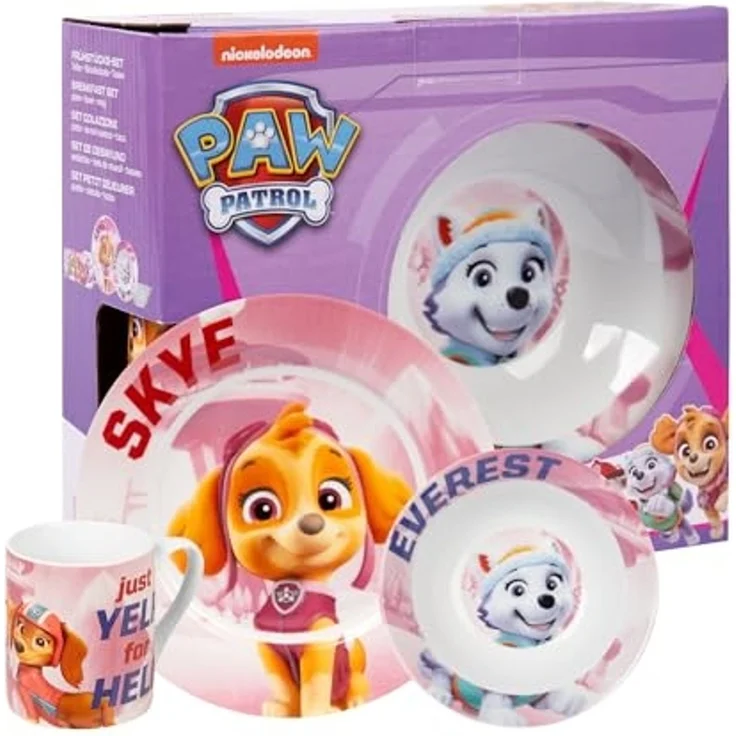 United Labels® Frühstücks-Geschirrset Paw Patrol - Just yelp for help - Skye, Everest, Liberty -Set, 3-tlg, 1 Personen, Porzellan – Bild 1