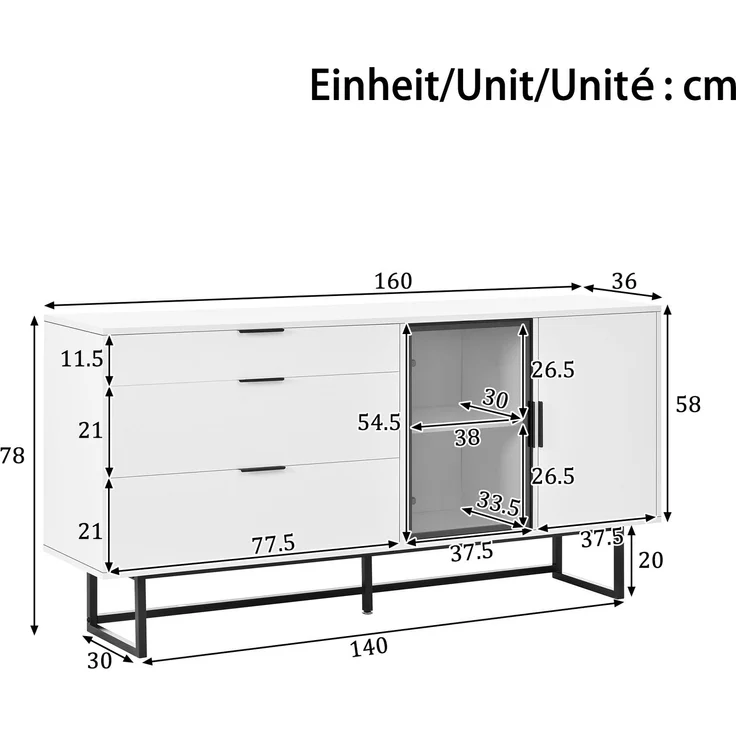 DESVIAE Sideboard mit LED-Beleuchtung und 3 Schubladen 160x78x36 cm MDF Spanplatte Weiß – Bild 10