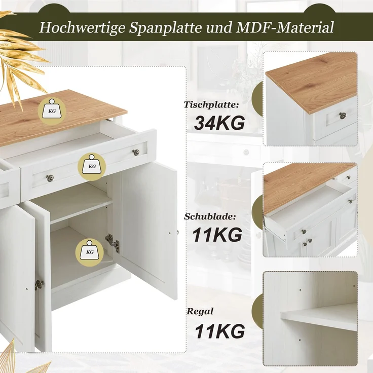 Sideboard Weiß mit Naturholz-Optik, 4 Türen 2 Schubladen, großer Stauraum, Wohnzimmer Anrichte Buffetschrank – Bild 7