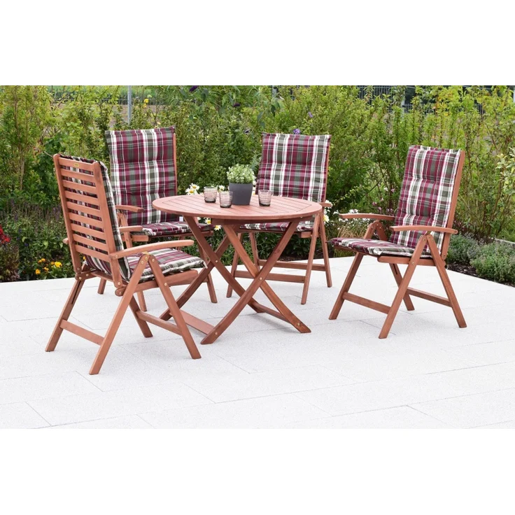 Borkum Gartenmöbel Set 9tlg, 4 Sessel, 4 Auflagen, Klapptisch Ø 100 cm, Eukalyptus – Bild 2