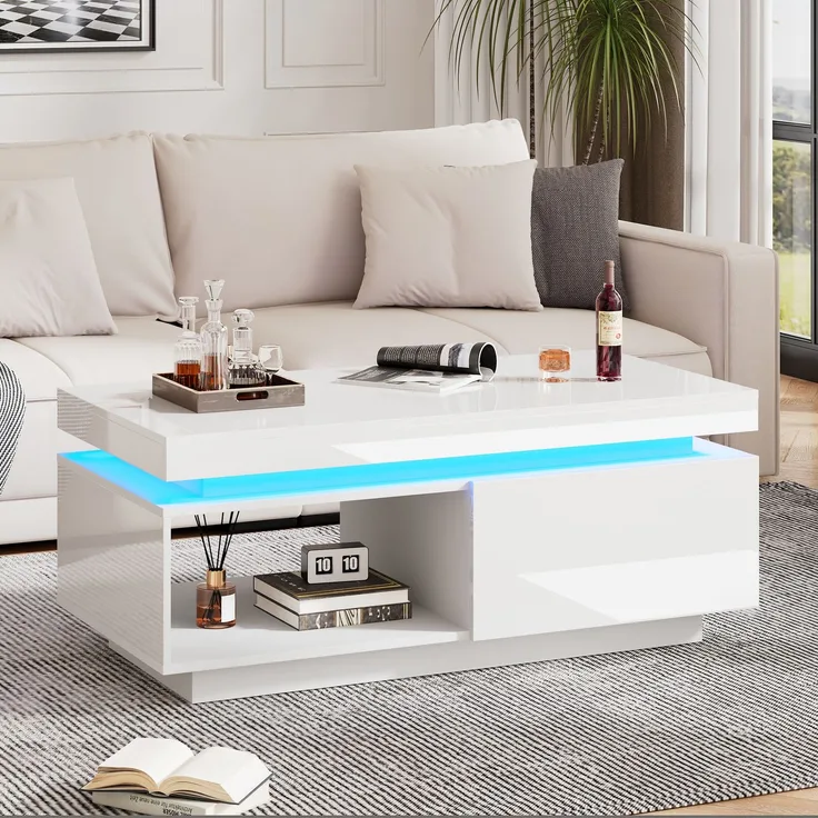 MODFU Couchtisch mit LED-Beleuchtung (Wohnzimmertisch, Beistelltisch, 1-St, 1 Schublade), mit Hochglanz-Optik