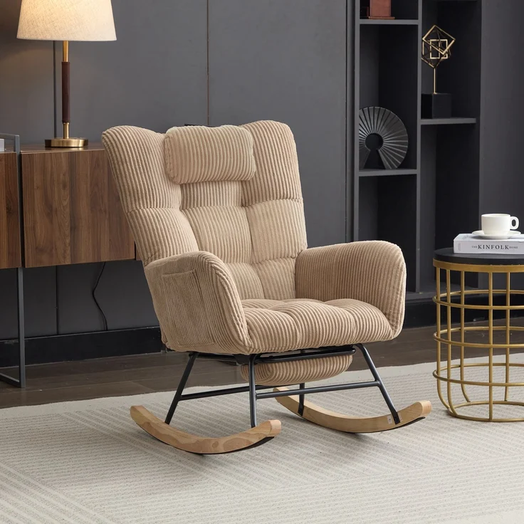 Schaukelstuhl aus Cordstoff in Braun mit hoher Rückenlehne, Beinstütze, Seitentasche, Relax Sessel für Wohnzimmer & Babyzimmer – Bild 2