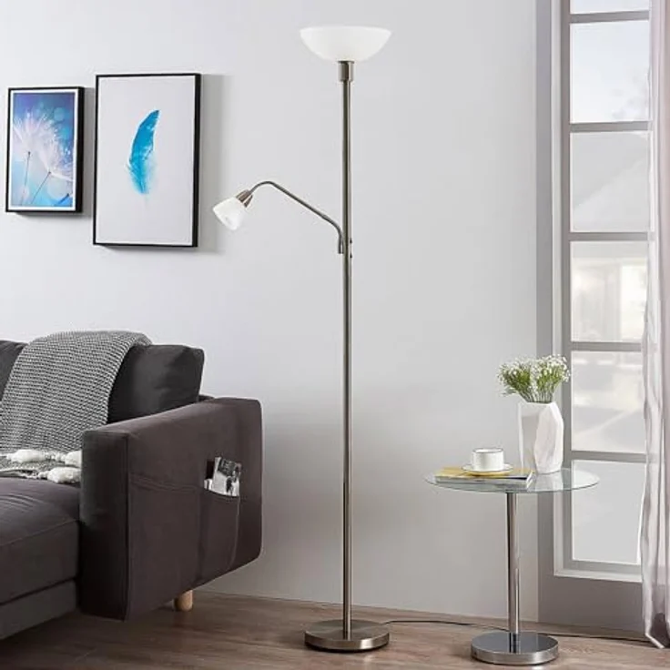 Lindby Stehlampe Jost, LED, Metall, Alu IP20, 1 x 15 W LED E27 + 1 x 8 W LED E14 – Bild 4
