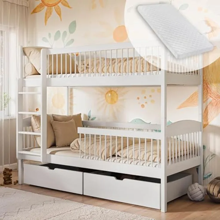 Kids Collective Kinderbett Hochbett Etagenbett 80x180, 90x190, 90x200 cm, mit 2 Schubladen, 90x190 cm von 4. bis 18. Lebensjahr, Weiß, mit 2 Matratzen