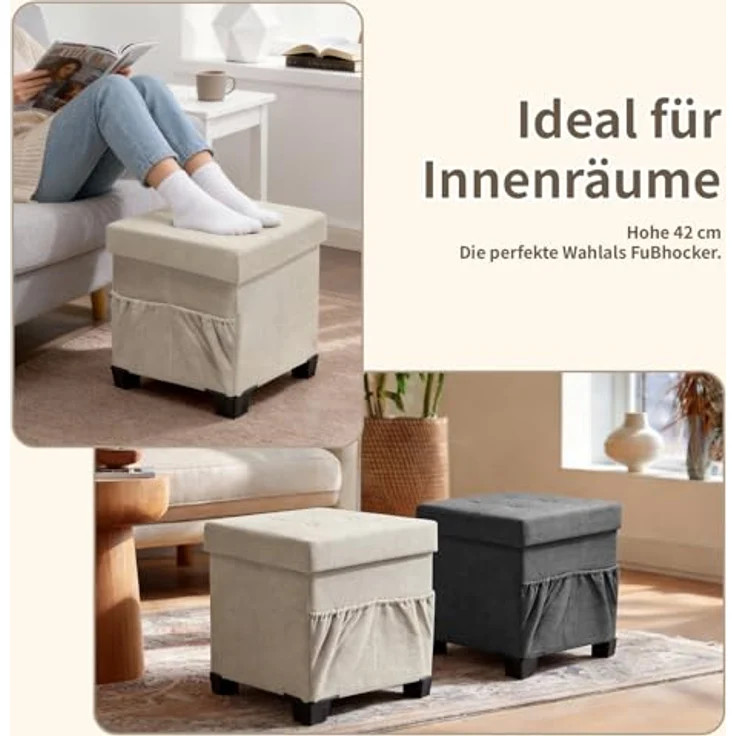 Zedelmaier Sitzhocker mit Stauraum, Hocker mit Beinen, Aufbewahrungsbox mit Deckel,Fußhocker, bis 150 kg belastbar, für Eingang, Wohnzimmer, Schlafzimmer (Beige) – Bild 4