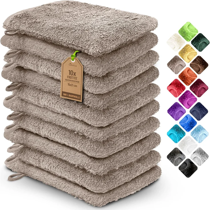 NatureMark 10x Waschhandschuhe aus Frottee 100% Baumwolle – Weich und Robust, Ideal für die tägliche Pflege und Gäste – Sand/Beige, 15x21 cm