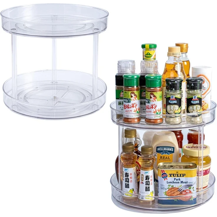 SURFOU Gewürzregal 2 Ebenen Drehteller Organizer, 360° Kühlschrank Drehplatte, Lazy Susan, kühlschrank organizer fridge organizer 360° Drehteller, Multifunktionales Regal, Kosmetik- und Parfümaufbewahrung 1-tlg, 2 Etagen-Diameter 27CM, Küchen Organizer – Bild 1