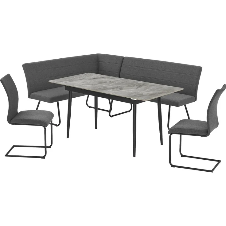 OTTO home Eckbankgruppe Stevian, (Set, 4-tlg, 1 ausziehbarer Esstisch + 1 Eckbank Recamiere links + 2 Stühle), Holz, Strukturstoffbezug, Freischwingerstühle, gesteppten Bänken – Bild 5
