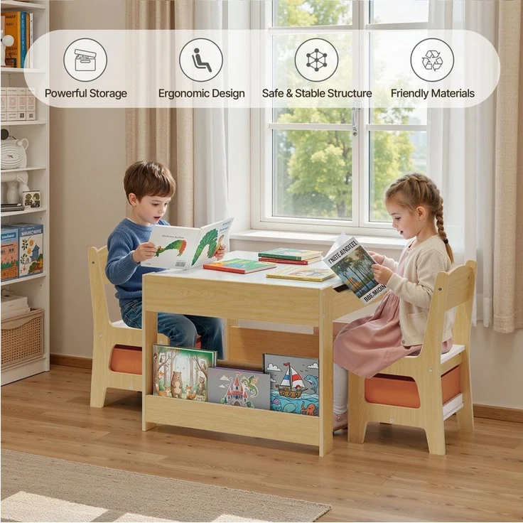 Bealife Kindersitzgruppe Kindertisch mit 2 Stühlen, (3-tlg, Kindertisch mit 2 Stühlen), Umklappbare Tischplatte – Bild 4
