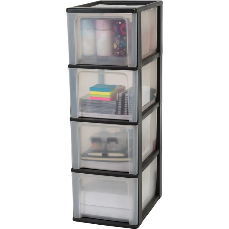 Iris Ohyama, Kunststoff Schubladenbox mit 4 tiefen Schubladen, Schwarz, Easy-Pull-System, A4, A5 & A6 Format, Schreibtisch Organizer für Büro, Schreibwaren, BPA-frei, Schubladenschrank, OCH-2400
