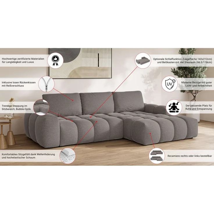 OTTO home Ecksofa AZITA L-Form, 270 cm - OTTO. Verlässliche Qualität, wahlweise als Schlafsofa m. Bettkasten, Bubble-Optik – Bild 2