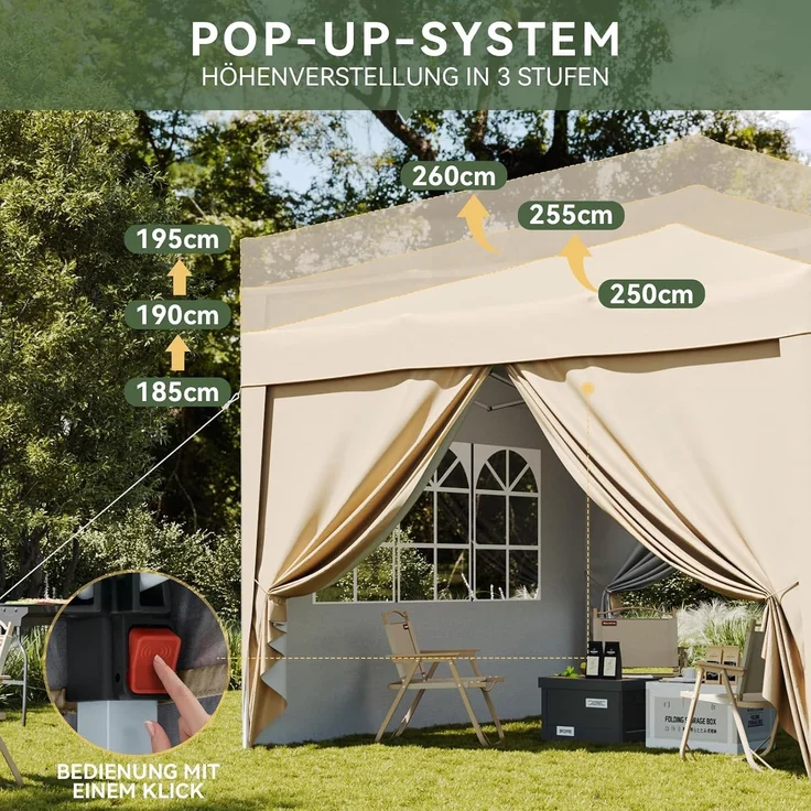 Aoxun Pop Up Pavillon 3x3 Wasserdicht mit 4 Seitenwänden, Metallrahmen-Schutzzelt, Höhe Verstellbar, 3mx3m Faltpavillon mit Tragetasche für Camping Party, Beige – Bild 6