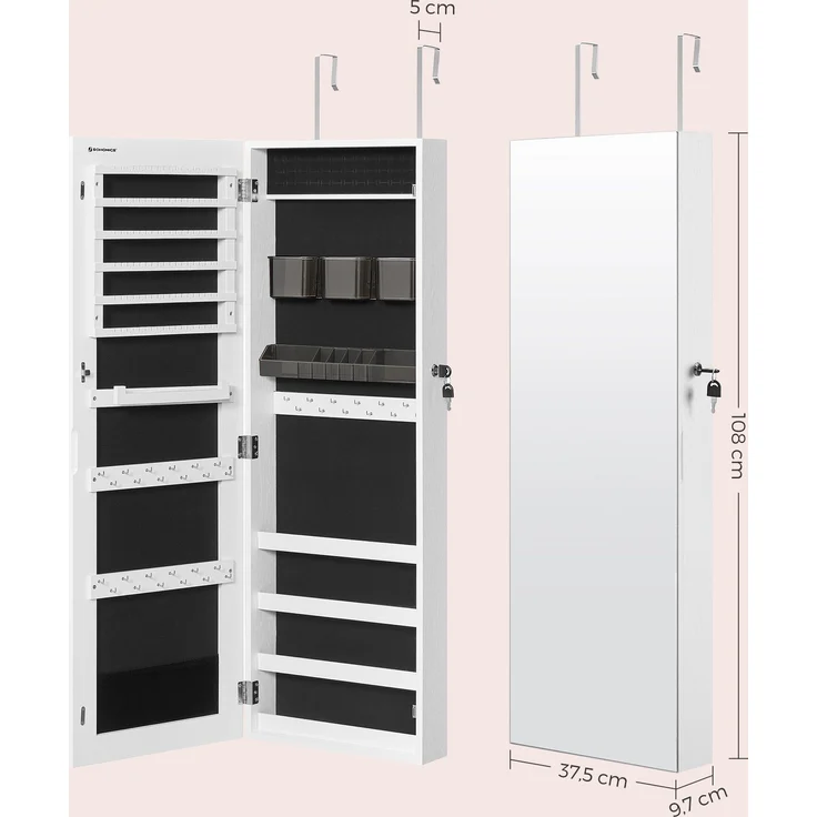Schmuckschrank hängend, Hängeschrank mit rahmenlosem Ganzkörperspiegel, abschließbarer Spiegelschrank, Wandschrank mit 2 separaten Make-up Organizern, für Ketten, Ohrringe, weiß JJC001W01 – Bild 5