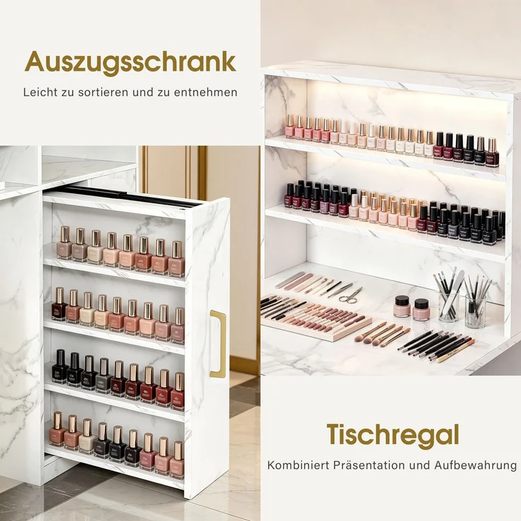 BarberPub Manikürtisch mit 4 Schubladen, 2 Regalen, 5 Ablagen & 1 Auszugsschrank, Nageltisch mit Absaugung, 2 Staubsaugerbeuteln, Nagelstudio Tisch für Beautysalon, 2439 – Bild 4