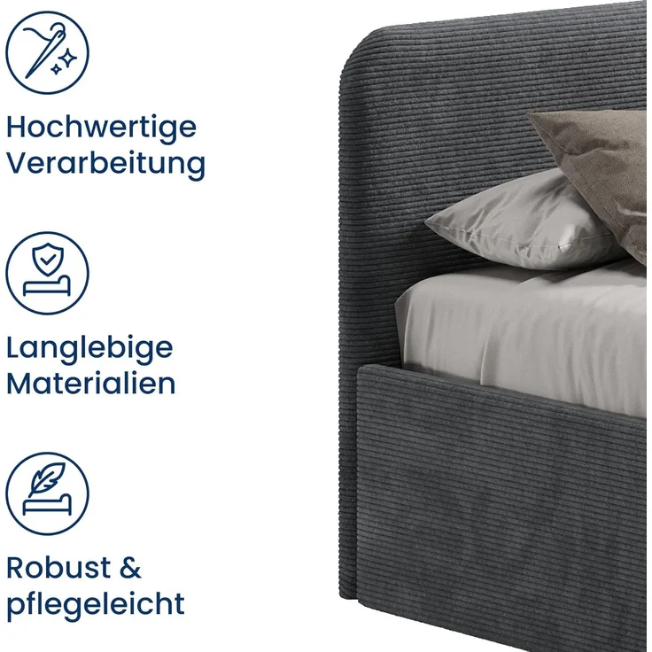 Home Collective Polsterbett Bett mit Stauraum, verstellbarem Lattenrost, viele Größen (Größen: 100x200 120x200 140x200 160x200 180x200 200x200, hochwertiger Kordstoff, made in Germany), wählbare Matratze Federkern oder Kaltschaum, Anthrazit – Bild 5