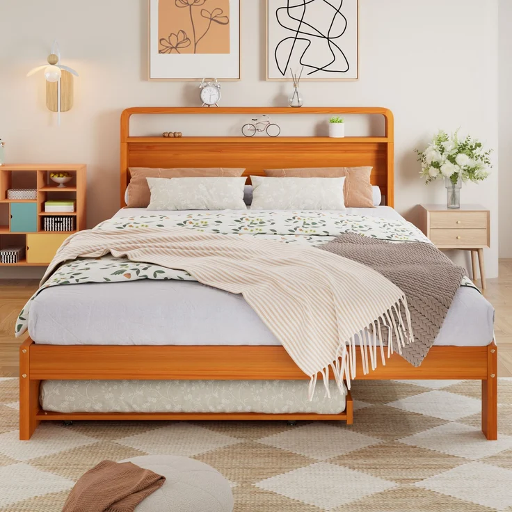 Holzbett 140x200 cm mit Ausziehbett 90x190 cm, naturfarbenes Doppelbett mit Gästebett, abgerundetem Kopfteil und platzsparender 2-in-1 Funktion – Bild 2