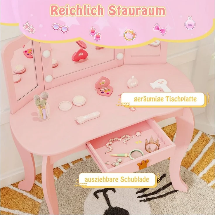 COSTWAY Schminktisch Kinderschminktisch mit Hocker, mit LED Beleuchtung – Bild 2
