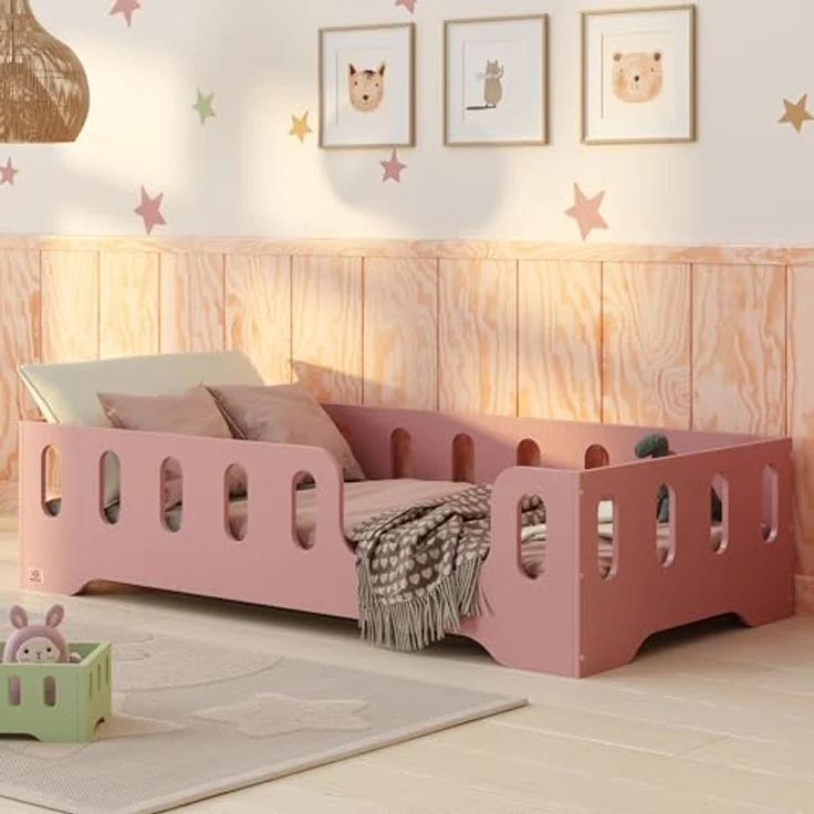 smartwood Kinderbett Bodenbett 100x190 mit Rausfallschutz & Lattenrost - Rosa - Kinder Montessori Bett TILA 2P mit glatten Kanten - Betten für schnelle Montage - Bis 230 kg belastbar – Bild 2