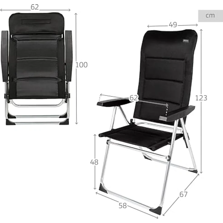 AKTIVE Set mit 2 Klappstühlen, Deluxe, 5 Positionen, Schwarz, für Terrasse, Balkon, Hof oder Garten, 49 x 67 x 123 cm, aus Aluminium und Polyester, gepolstert, Kippschutz, max. 110 kg, Klappstühle – Bild 3
