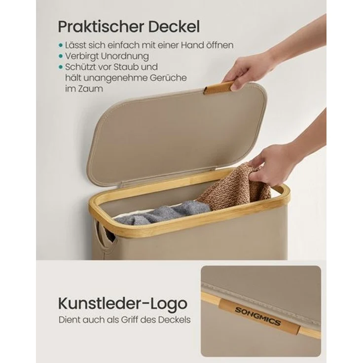 SONGMICS Wäschekorb mit Deckel und herausnehmbarem Wäschesack, zusammenklappbar, Bambus / Oxford-Gewebe kamelbraun, 65 l – Bild 4