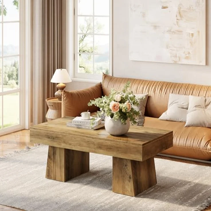 LITTLE TREE Farmhouse Couchtisch, 120 cm, rechteckiger Beistelltisch aus Holz mit massivem Sockel, Moderne niedrige Cocktail- und Teetisch-Möbel für das Wohnzimmer (rustikales Braun) – Bild 5