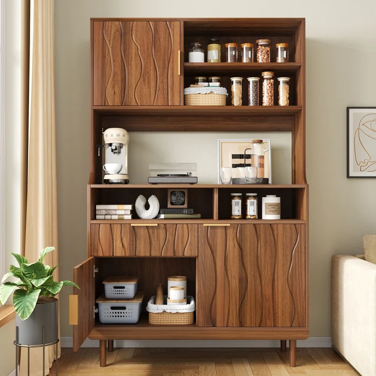 Sideboard,Hochschrank Küchenschrank Buffet Schrank Stauraumschrank mit Schublade Türen offene Regale MDF PB Holzschrank mit Massivholz Füßen--Nussbaum--100x32x170cm--YOUDENOVA – Bild 5