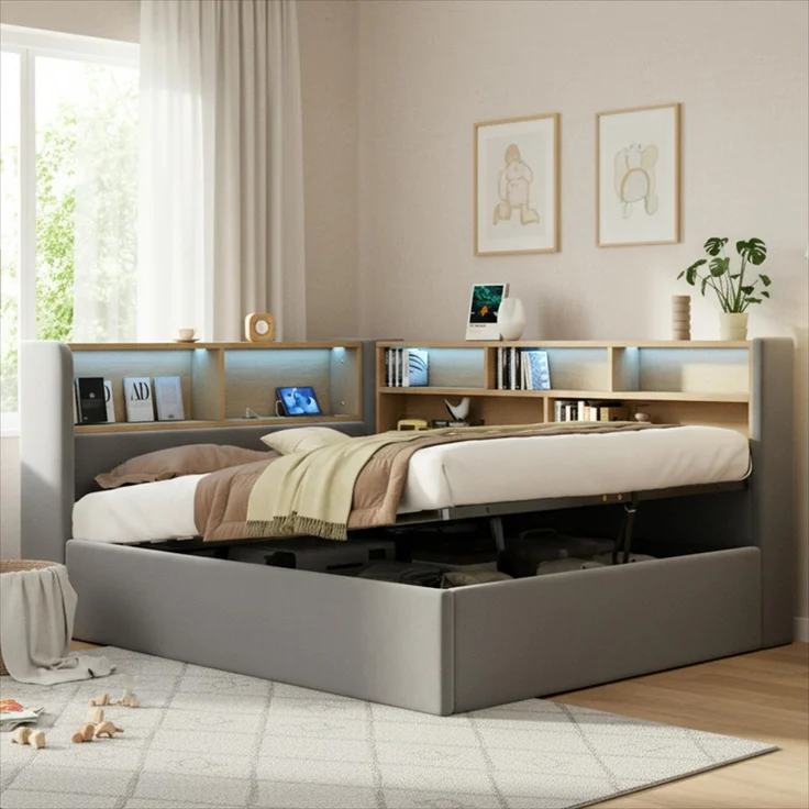 Daybett 140x200 cm mit hydraulischem Stauraum, Polsterbett, Tagesbett, Schlafsofa mit LED, USB & Rückenlehne, Samt, grau – Bild 3