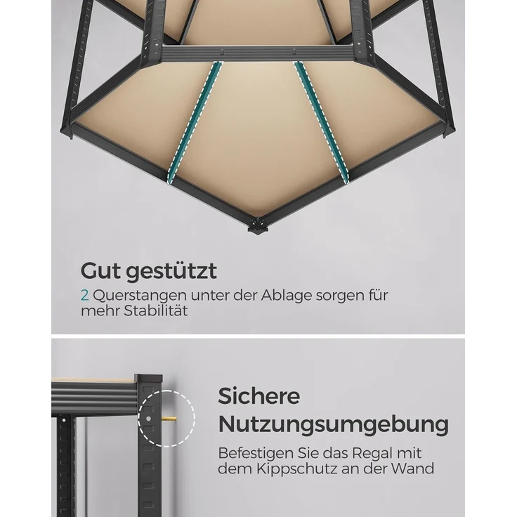 SONGMICS Eckregal-Set 5 Ebenen, Schwerlastregal, Metall, Lagerregal für Garage, Abstellraum, Kellerregal, bis 2625 kg belastbar, tintenschwarz-naturbeige GLR070B03 – Bild 6