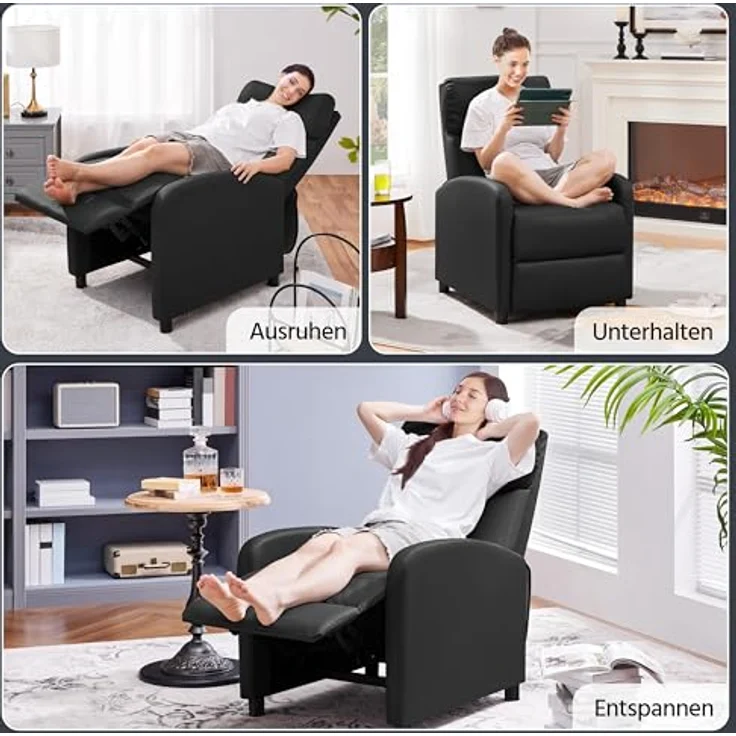 Yaheetech Relaxsessel Fernsehsessel Einzelsofa Ruhesessel mit Verstellbarer Beinablage Liegesessel aus Kunstleder Schwarz – Bild 4