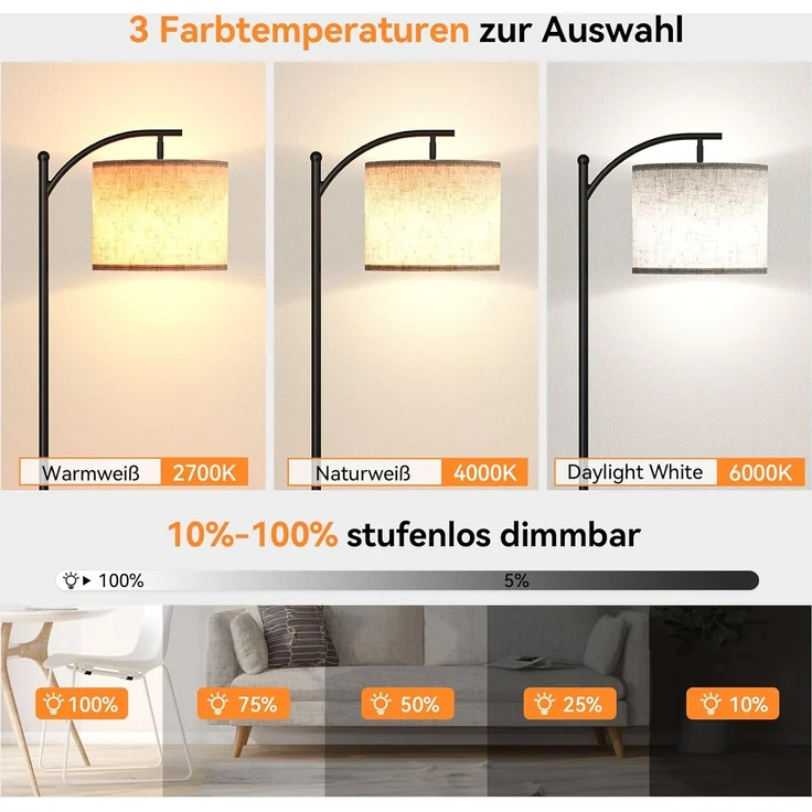 YICAIZI Stehlampe Wohnzimmer Dimmbar, Modern Standleuchte mit 3 Farbtemperaturen, Beigen Leinen-Lampenschirm, 12W Glühbirne inklusive, Fernbedienung und Fußschalter (Beige) – Bild 2