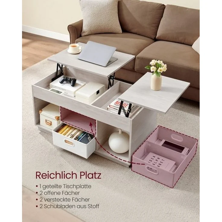 Vasagle Couchtisch, höhenverstellbarer Wohnzimmertisch, 2 Schubladen und versteckte Fächer, Kaffeetisch, offene Fächer, für Wohnzimmer, Homeoffice, haferflockenbeige – Bild 4