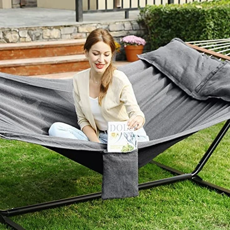 Songmics Hängematte, Outdoor, mit 2 Holzstangen, mit 2 Kissen, bis zu 300 kg belastbar, Mischgewebe, grau, 210 x 150 cm – Bild 5