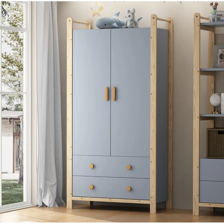 CHICFURN Kleiderschrank-Set 2-tlg. 160x180,5x44 cm mit Kleiderstange und Schubladen – Blau/Natur – Bild 4