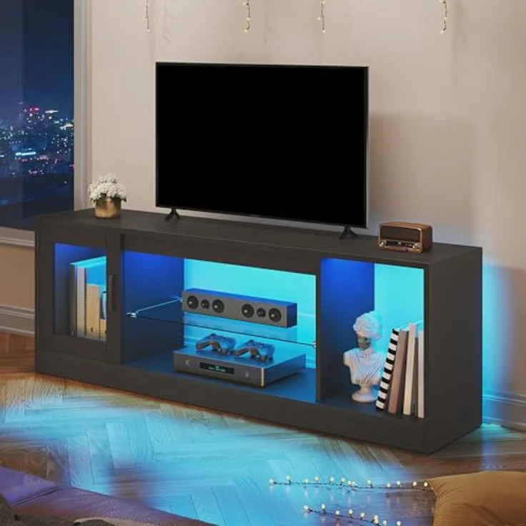 YITAHOME TV Schrank, TV Lowboard LED Schwarz - Fernsehschrank Fernsehtisch mit RGB-LED-Leuchten Lowboard Glasregal Fächern für 65 Zoll & kleinere TVs,für Wohnzimmer Schlafzimmer, B148 x H51 x T32 cm – Bild 2