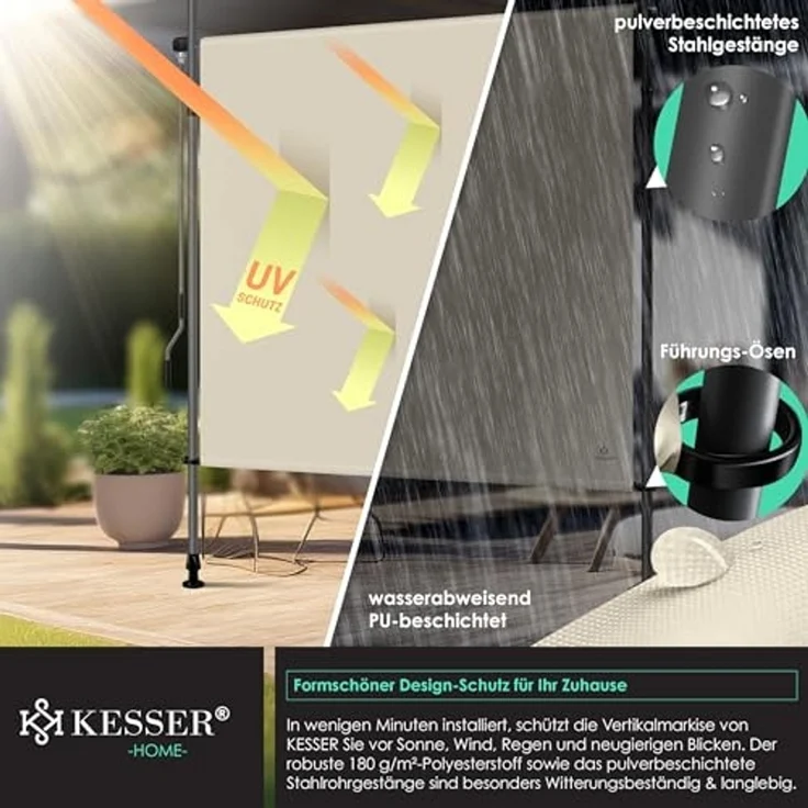 KESSER® Klemmmarkise Senkrechtmarkise 150x310 cm Ausziehbar & Blickdicht Vertikalmarkise mit Handkurbel ohne Bohren Balkon-Sichtschutz & Windschutz für Garten & Terrasse Wasserfest Beige – Bild 3