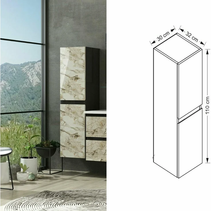 Homeline HS Badezimmerschrank badmöbel Badschrank Hochschrank Badregal (Korpus Schwarz Fronten Weiß Marmor Optik Cobra) – Bild 1