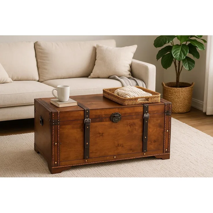 Kobolo Truhe Holztruhe TROVE – mit Metalldetails und Kunstlederverschluss (Stück, 1 St, Einzelstück), 70x35x38 cm