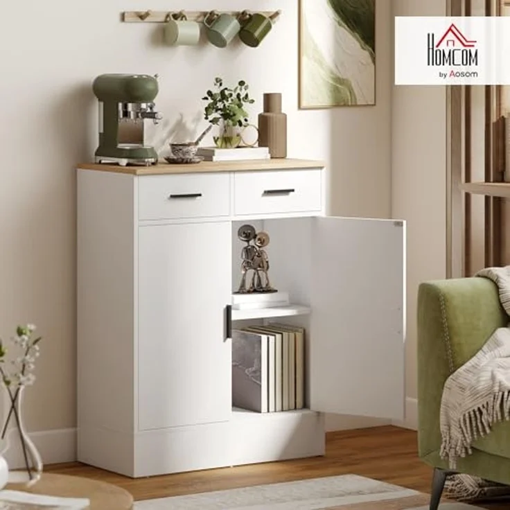 HOMCOM Sideboard Beistellschrank mit 2 Schubladen, 2 Türen (Aufbewahrungsschrank, 1 St, Küchenschrank), mit verstellbarem Einlegeboden, Weiß+Naturholz – Bild 2