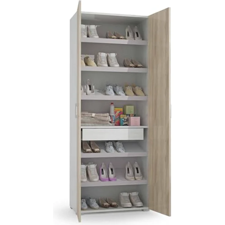 Dmora - Mehrzweckschrank mit 2 Türen Ginestra, linearer Schrank mit 2 Flügeltüren, Kleiderschrank mit 6 Regalen, modernes Schuhregal, 100 % Made in Italy, 72 x 37 x 195 cm, Ulme und Weiß – Bild 6