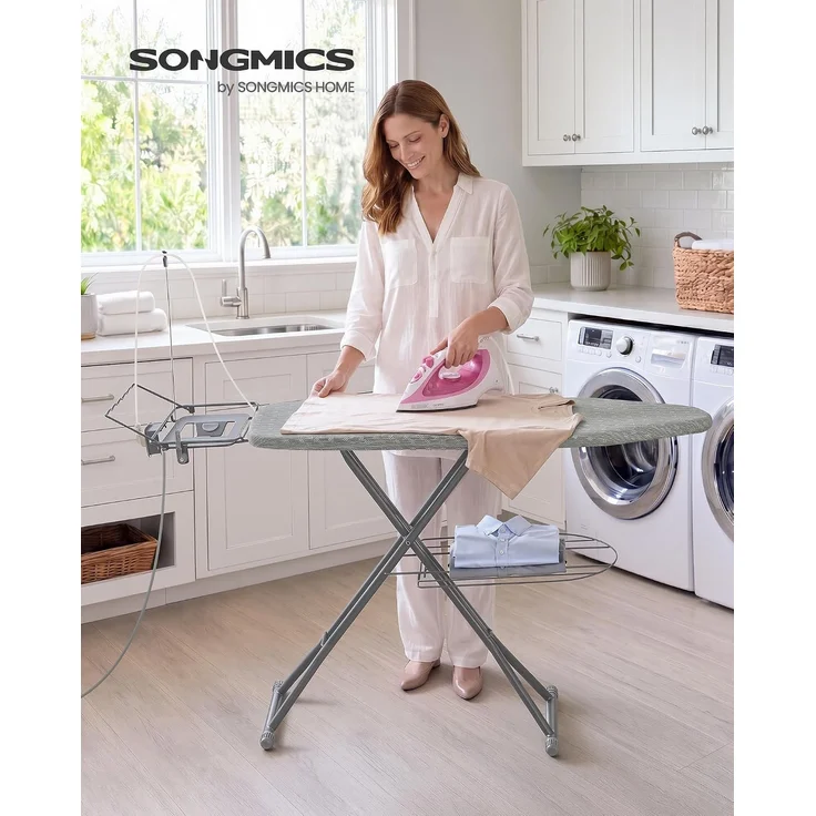 SONGMICS Bügelbrett mit Steckdose, für Dampfbügeleisen, Höhenverstellbar, Klappbar, 152 x 48 x 72-92 cm, Grau und Silber – Bild 2