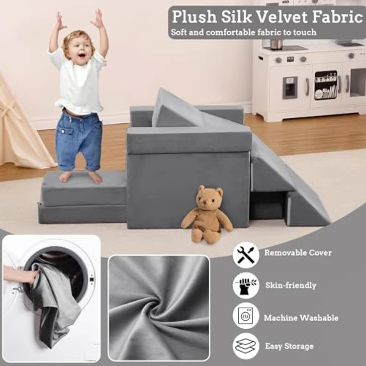 Kindersofa, 12 Stück, Sofa für Kinder mit Schaumstoffblöcken, dick, widerstandsfähig, mit verdecktem Reißverschluss, modulares Sofa, faltbar, Grau – Bild 6