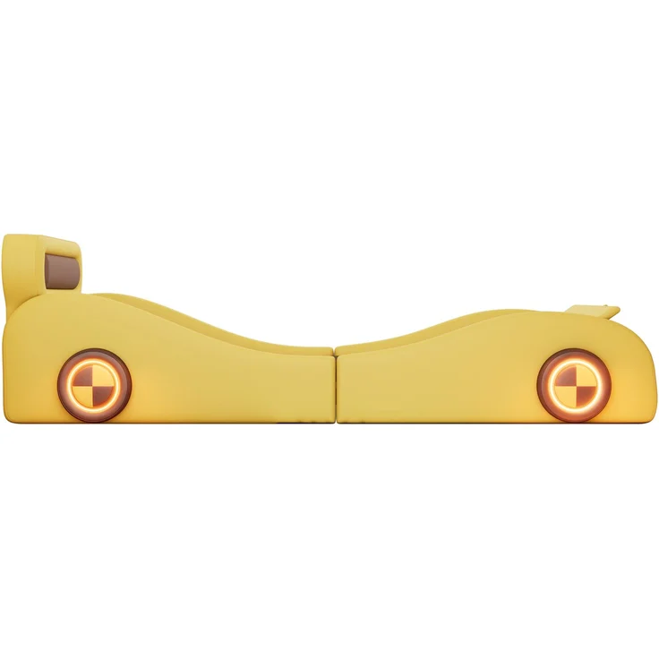 Polsterbett, 90x200cm Einzelbett, Kinderbett, Jugendbett, Polsterbett in Form eines Autos mit leuchtenden Rädern und Stauraum, PU, Ohne Matratze, Gelb – Bild 7